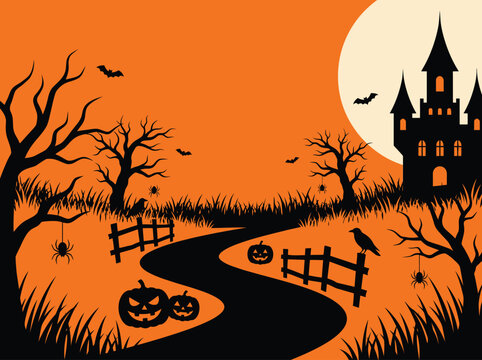 Spooky halloween background vector illustration featuring a haunted castle with a full moon and jack o lantern pumpkins on a path