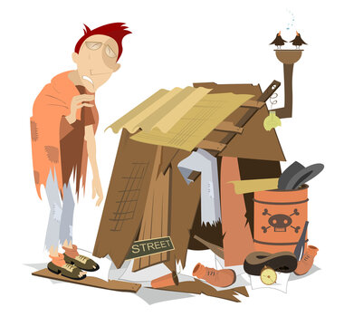 Man homeless. Hungry and chilled man stands near dwelling