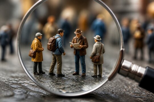 Miniature figures examined under magnifying glass on surface