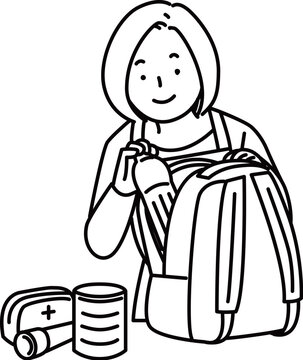 リュックに防災グッズを詰める女性_線画