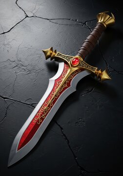 Ornate Fantasy Dagger with Gold Filigree and Red Gemstone on Dark Cracked Stone Background