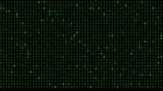 Abstract digital background featuring a stream of binary code numbers in green.