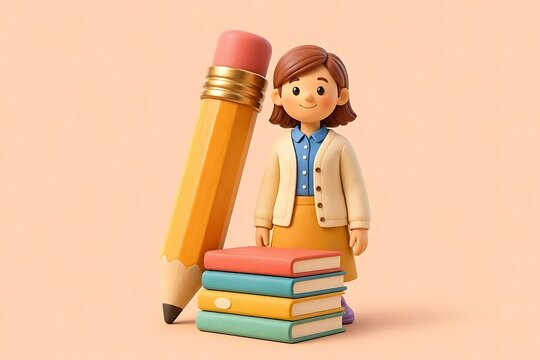 Teacher and School Supplies: A charming 3D illustration depicts a smiling teacher standing next to a giant pencil and a stack of colorful books, symbolizing education and learning.