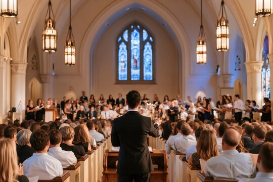 Conductor leading choir performing music in church sanctuary