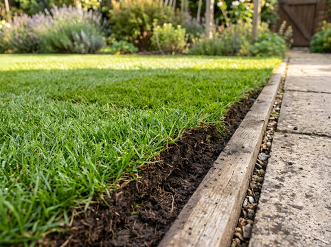 professional lawn edging ideas | wooden garden border installation | manicured lawn maintenance tips | garden landscaping stone path