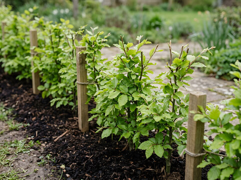 young beech hedge planting in garden | fagus sylvatica saplings with wooden stakes | sustainable landscaping green privacy screen | garden border with fresh mulch and path