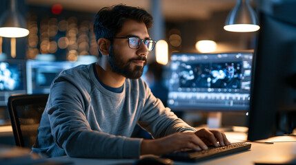 Fototapeta premium Cybersecurity analyst examining a manipulated video frame by frame, using timeline controls, facial landmark analysis and lighting comparison tools, realistic dark office with