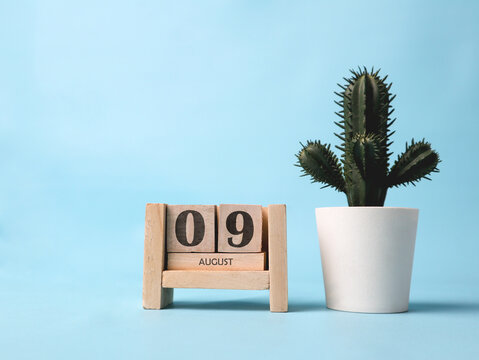 A wooden block calendar for August 9th with a plastic cactus plant on the side on a light blue background.