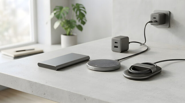 Wireless charging station on desk. Modern smartphone power bank and electronic accessories.