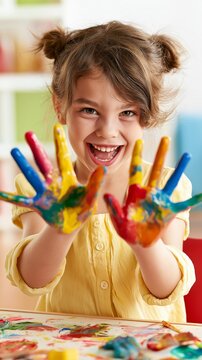 A contented youngster making art at home with vibrantly painted hands