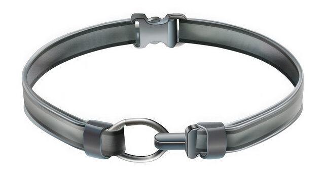 Adjustable gray webbing pet collar with metal hardware with d ring on transparent background