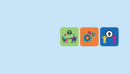 Fototapeta premium Business icons representing teamwork, process, and success on a light blue background with copy space