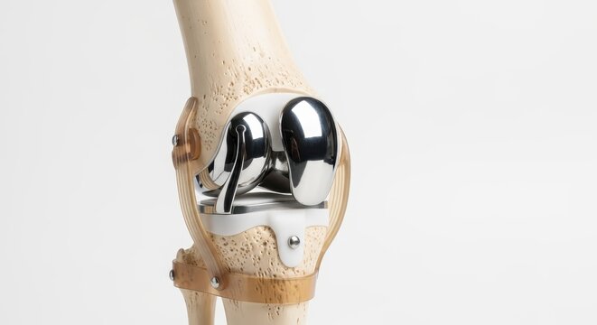 Anatomical Model of a Human Knee Joint with Total Knee Replacement Surgery Implant on White Background