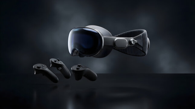 Virtual reality headset with controllers. Modern VR gear for immersive gaming and metaverse.
