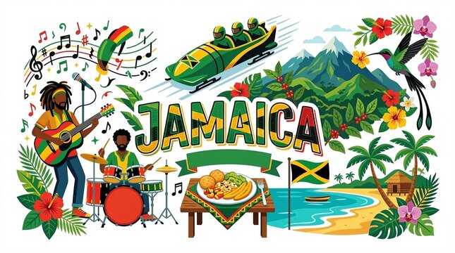 Vibrant Jamaica Collage Featuring Music Culture Food Bobsledding Tropical Scenery and Wildlife