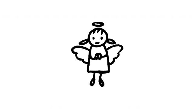 4K animated Christmas angel doodle icon with boiling line motion. Frame by frame line art on black and green screen chroma key background for holiday celestial, wings, and Xmas tree topper edits.