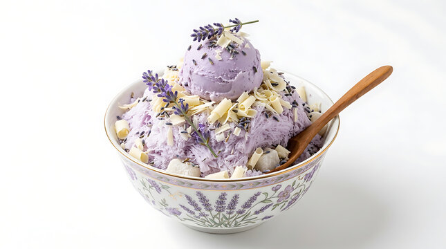 Elegant Korean Lavender Bingsu with white chocolate shavings and edible buds on a white background