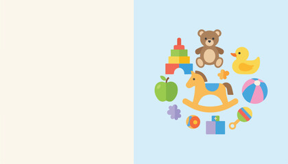 Fototapeta premium Collection of colorful flat design children's toys arranged in a circle on a light blue background