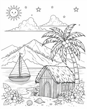 Tropical hut with palm tree and sailboat illustration