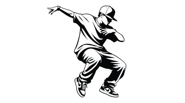 Young man dancing hip hop style with cap and baggy clothes.