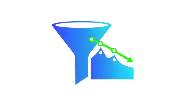 Blue funnel icon with a green downward trend line chart for business analytics and data filtering concept representing sales decline or marketing conversion process loss