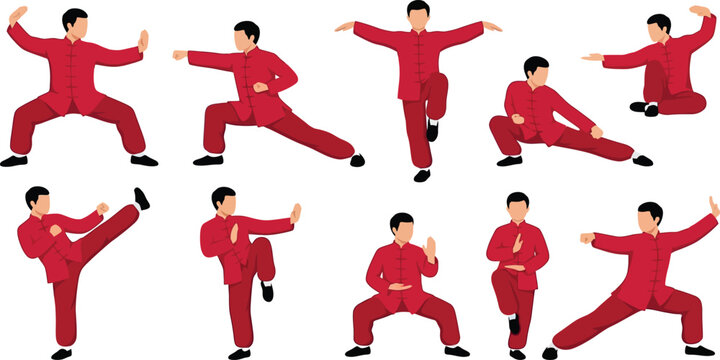 Collection of taichi master movements and martial arts stances isolated on white background with practice exercise meditation training wellness movement strength discipline stretching
