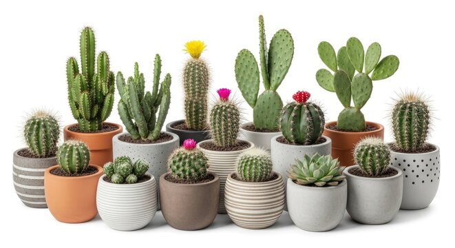 A collection of diverse cacti plants sits in a row of colorful pots. The cacti vary in size, shape, and texture, showcasing a range of species.