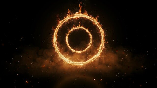 Two glowing fire circles burning with bright orange flames isolated on a dark black background
