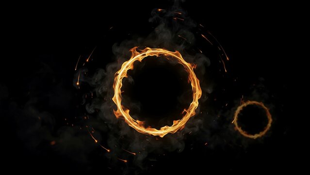 Bright glowing fire rings burning with sparks and smoke on a dark black background