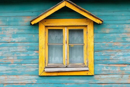 Rustic wooden house with peeling paint and yellow window