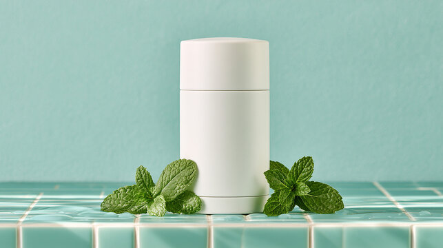 Blank white cosmetic deodorant stick mockup with green mint leaves on teal tile bathroom surface
