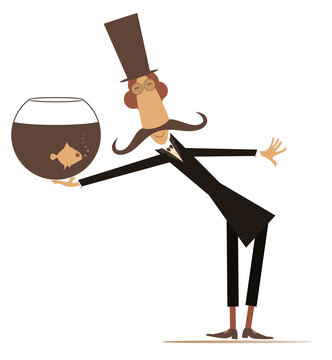 Funny long mustache person in the top hat holds aquarium with goldfish