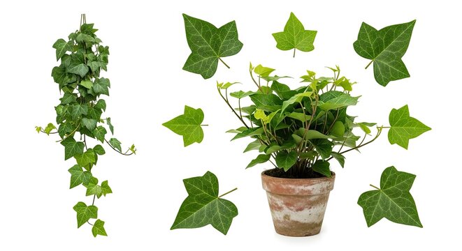 A collection of ivy images shows a trailing vine, individual leaves, and a potted plant. The leaves are green and have distinctive lobed shapes.