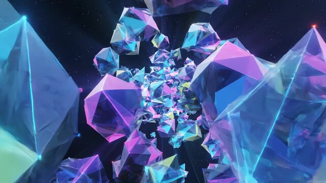 Futuristic Crystal Explosion with Neon Geometric Shards in Space Background