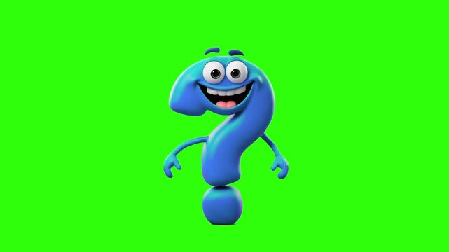 A happy 3D blue question mark mascot character dancing joyfully against a solid bright green screen background. Suited for educational media, trivia overlays, chroma key projects, and interactive vide