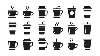 Fototapeta premium Collection of coffee cup icons including hot mugs and takeout paper cups with lids and straws in vector.