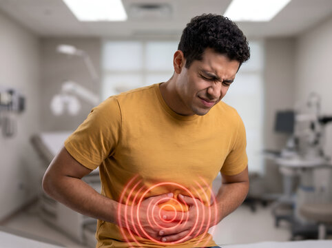 Young man clutching his stomach in severe abdominal distress highlighted with a red pain localization mark overlay