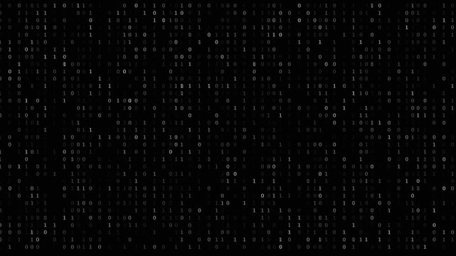 Abstract background with glowing white binary code numbers on a dark black surface.