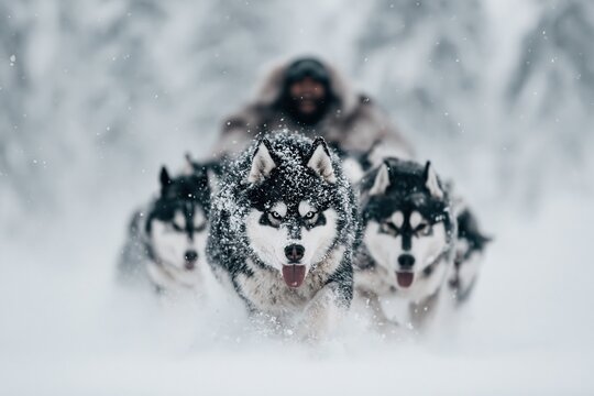 Sled dogs run through deep snow while a musher guides them in a winter landscape