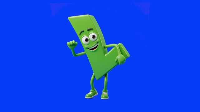 A friendly 3D green check mark symbol character dancing with arms raised isolated on a solid blue chroma key background. Ideal for approval animations, quiz success overlays, correct answer UI element
