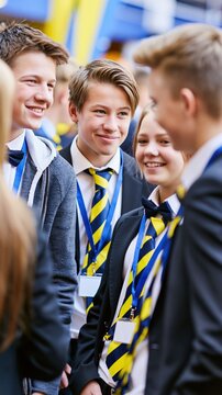 Teen students build networking experience at a trade show, practicing communication, meeting people, and exploring future career paths.