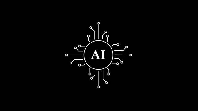 Modern animated AI technology icon featuring circuit board lines and processor node connections on a black background, perfect for artificial intelligence and tech videos.