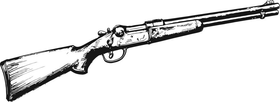 Vintage hunting rifle illustration with wooden and long barrel, black and white sketch