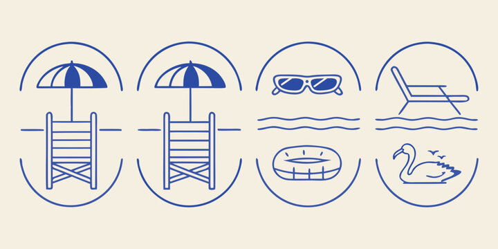 Beach Scene Icons Blue Line Art On Beige Background