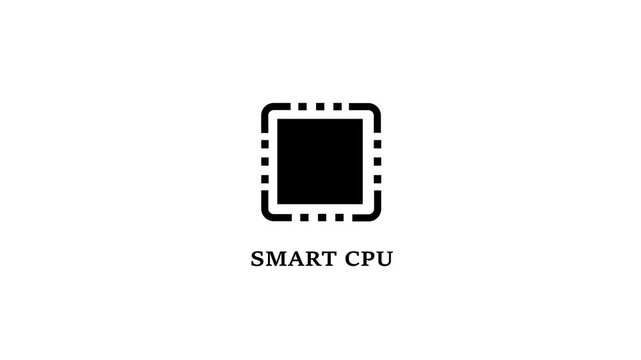 Modern black processor microchip animated icon with dotted frame and SMART CPU text, perfect for computer hardware, artificial intelligence, and processing tech videos.
