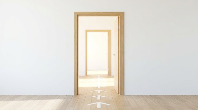 A bright, sunlit room features a wooden doorframe set within a white wall. The door opens into a simple, light-filled room with wooden flooring and a single window.