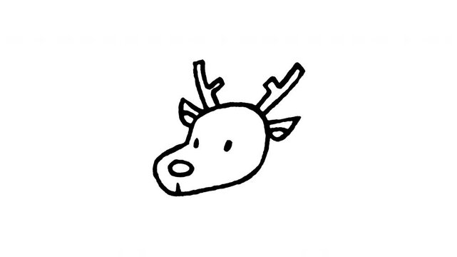 Hand drawn 4K reindeer head doodle animation with boiling line effect. Frame by frame outline on black and green screen backgrounds, perfect for Rudolf animal, Xmas antlers, and holiday mascot.