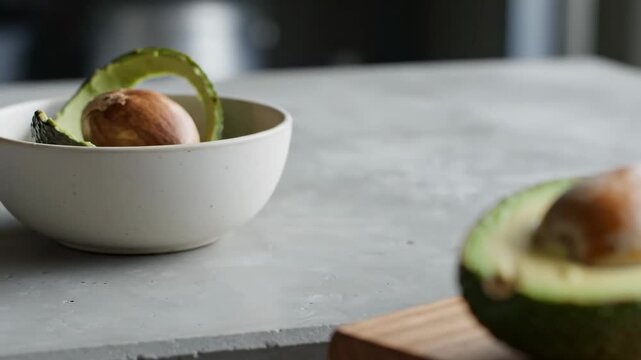 Airy kitchen counter composition shifts clarity from an avocado half on a wooden block toward a bowl holding its pit and curled peel, conveying food preparation, compost separation and mindful waste