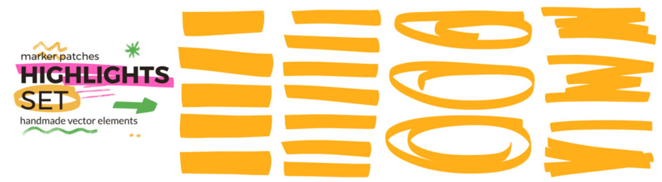 Memo text emphasis set with lines oval loops and broad marker swipes. Yellow highlight shapes felt patches and diary note accent. Wide memo text patches as vector set for sale design or scrapbook