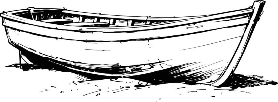 Vintage wooden rowboat illustration classic small boat with oarlocks on shore